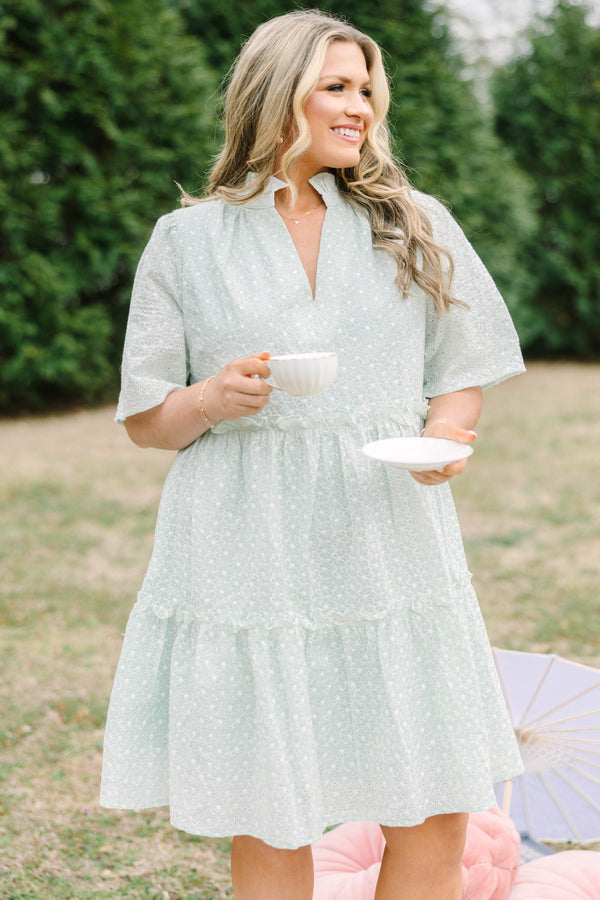 Chic Soul plus size clothing, light green embroidery short sleeved tiered baby doll dress with ruffles at the tiers and along with collar and a v neck cutout