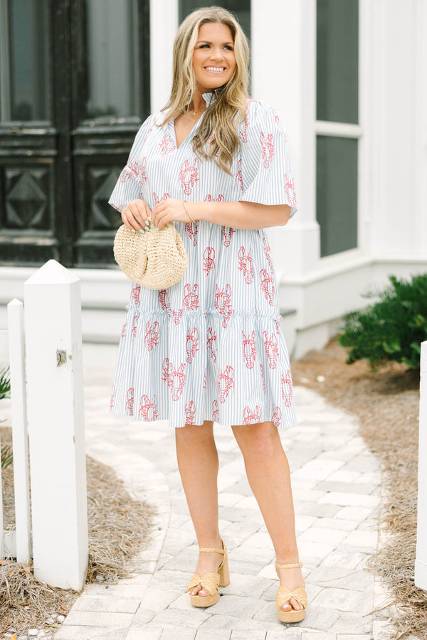 Chic Soul plus size clothing, blue striped short sleeve baby doll dress with ruffle detailing on each tier of the dress as well as a red lobster print throughout 
