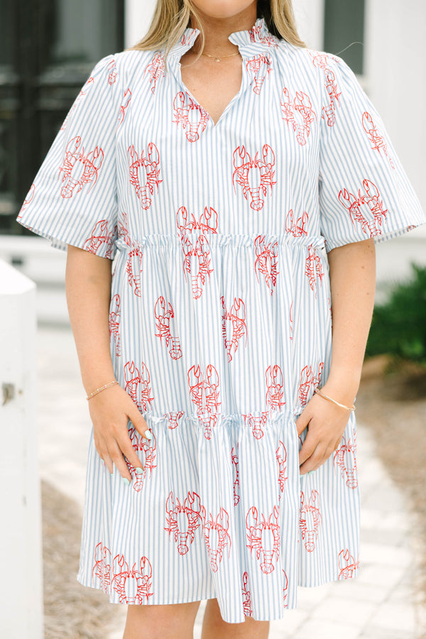 Chic Soul plus size clothing, blue striped short sleeve baby doll dress with ruffle detailing on each tier of the dress as well as a red lobster print throughout 