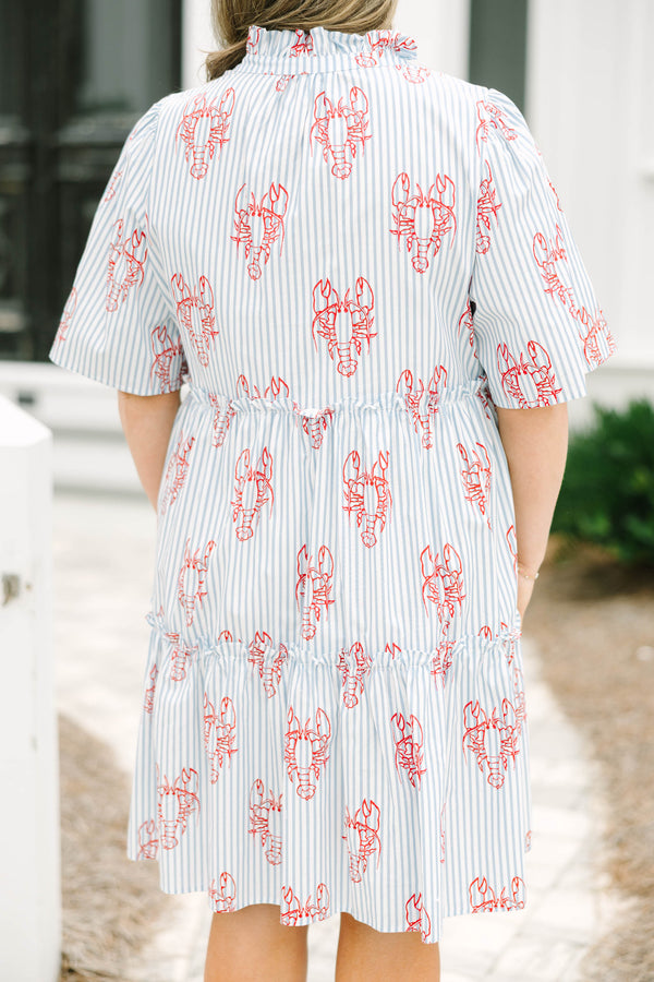 Chic Soul plus size clothing, blue striped short sleeve baby doll dress with ruffle detailing on each tier of the dress as well as a red lobster print throughout 