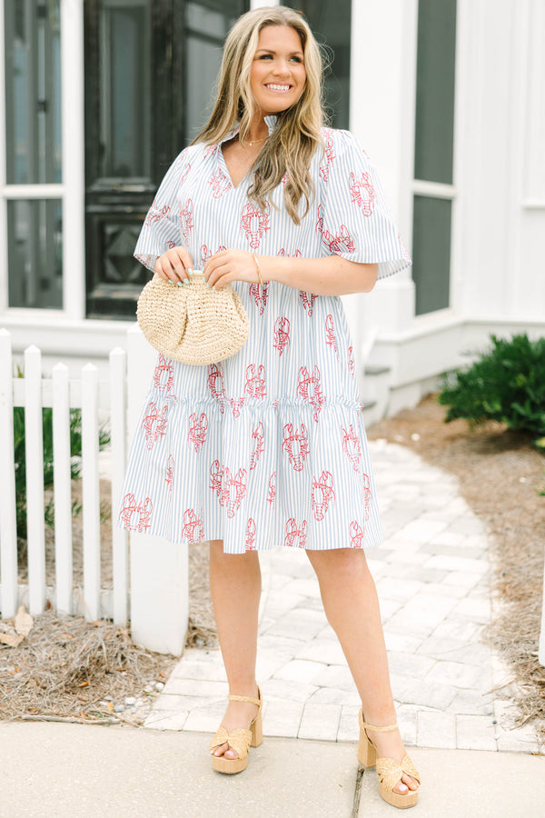Chic Soul plus size clothing, blue striped short sleeve baby doll dress with ruffle detailing on each tier of the dress as well as a red lobster print throughout 