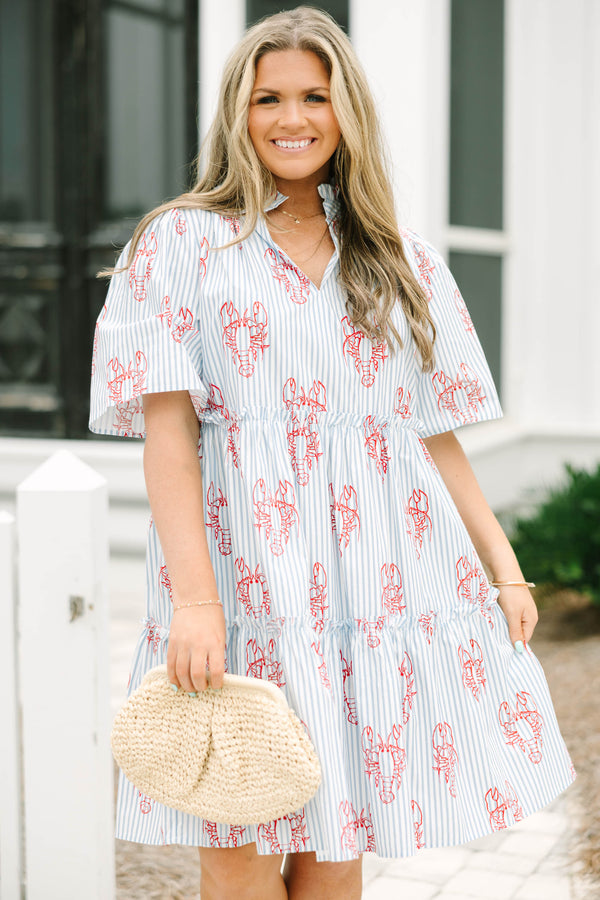 Chic Soul plus size clothing, blue striped short sleeve baby doll dress with ruffle detailing on each tier of the dress as well as a red lobster print throughout 