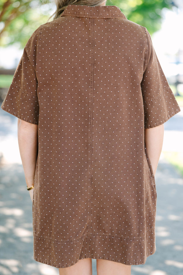 Plus Size brown short sleeve polo dress with white polka dots, collar, and front pockets.