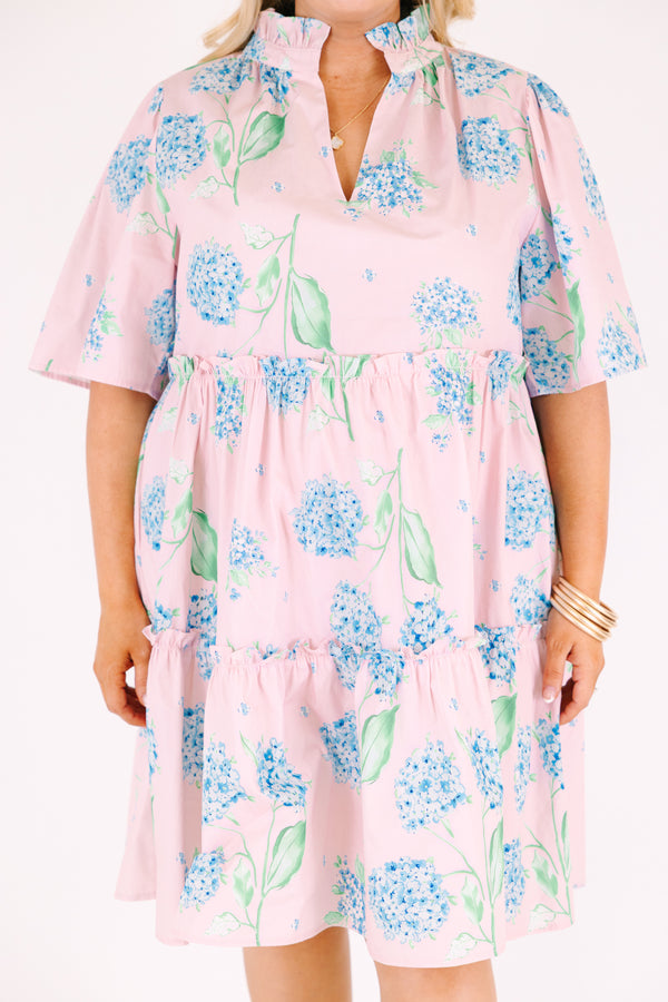Chic Soul plus size clothing, pink tiered dress with short sleeves a slight v-neckline and a green and blue hydrangea pattern throughout 
