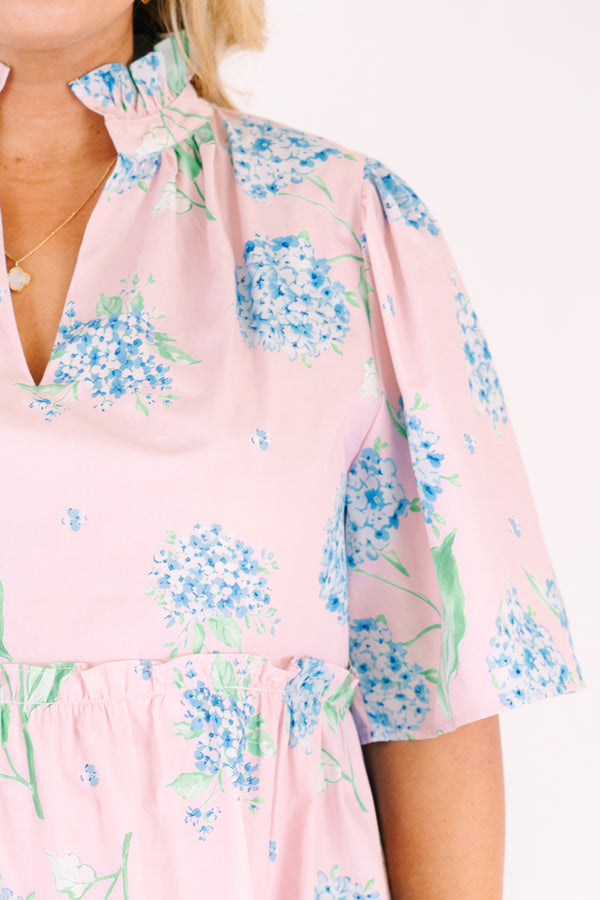 Chic Soul plus size clothing, pink tiered dress with short sleeves a slight v-neckline and a green and blue hydrangea pattern throughout 