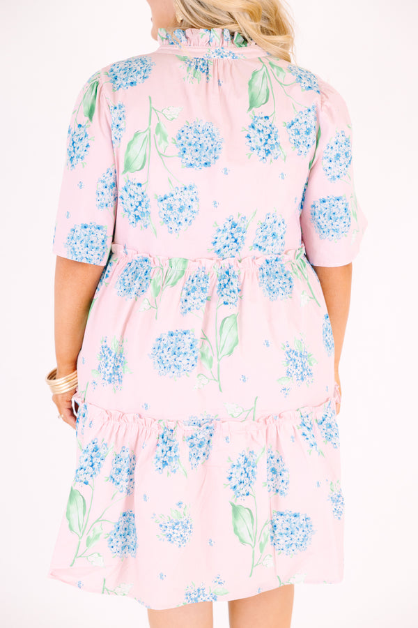 Chic Soul plus size clothing, pink tiered dress with short sleeves a slight v-neckline and a green and blue hydrangea pattern throughout 