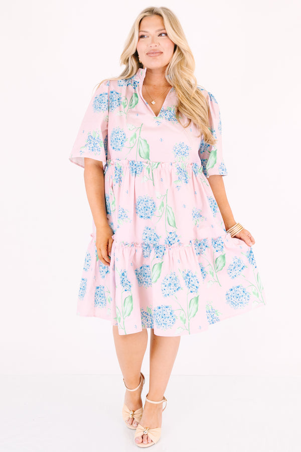 Chic Soul plus size clothing, pink tiered dress with short sleeves a slight v-neckline and a green and blue hydrangea pattern throughout 