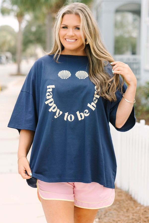 Chic Soul plus size clothing, dark navy blue short sleeve boyfriend tee with 