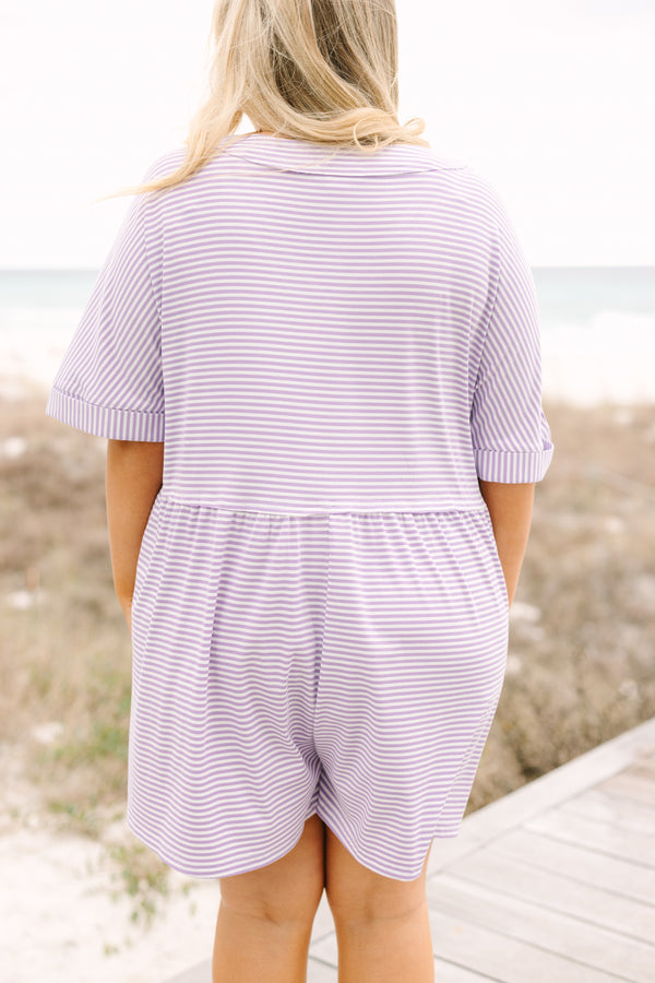 Chic Soul plus size clothing, purple and white horizontal pin stripe button up v neck shorts romper
