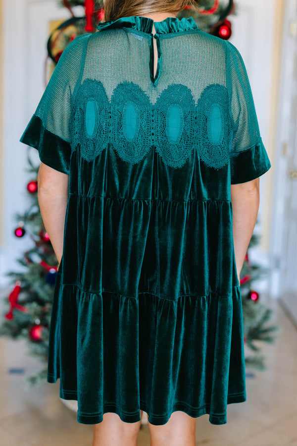 Plus Size hunter green velvet tiered dress with lace yoke, ruffled high neck, and short sleeves.