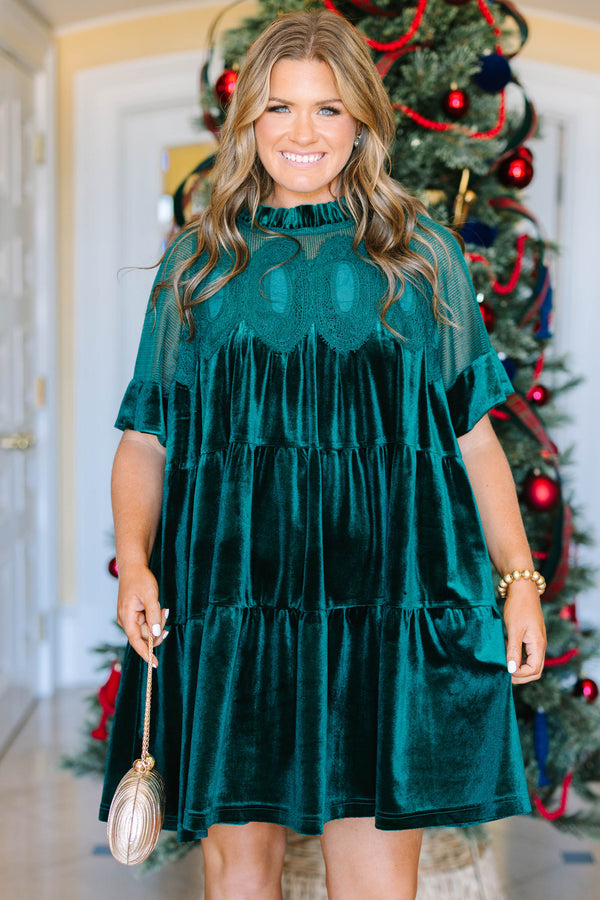 Plus Size hunter green velvet tiered dress with lace yoke, ruffled high neck, and short sleeves.