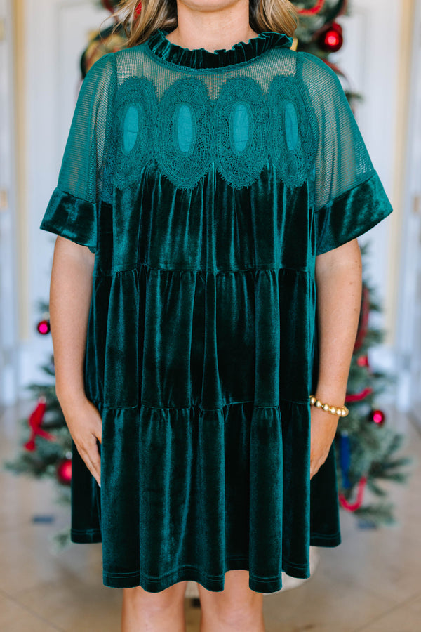 Plus Size hunter green velvet tiered dress with lace yoke, ruffled high neck, and short sleeves.