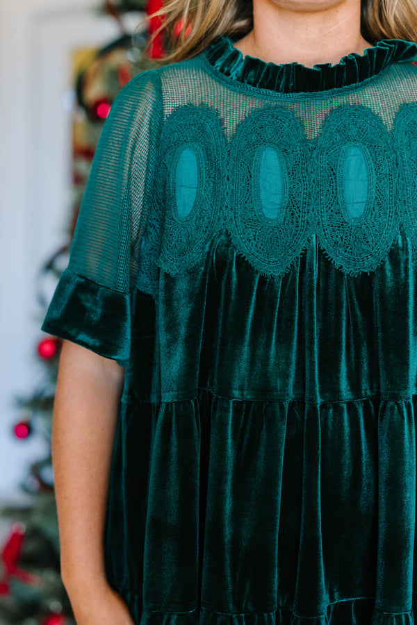 Plus Size hunter green velvet tiered dress with lace yoke, ruffled high neck, and short sleeves.