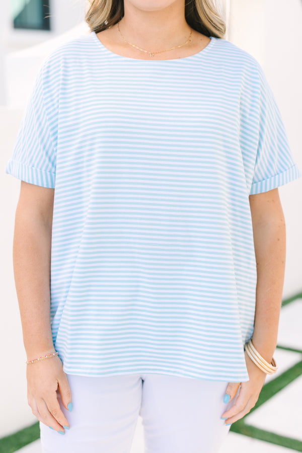 Chic Soul plus size clothing, light blue and white pin stripe short sleeve top
