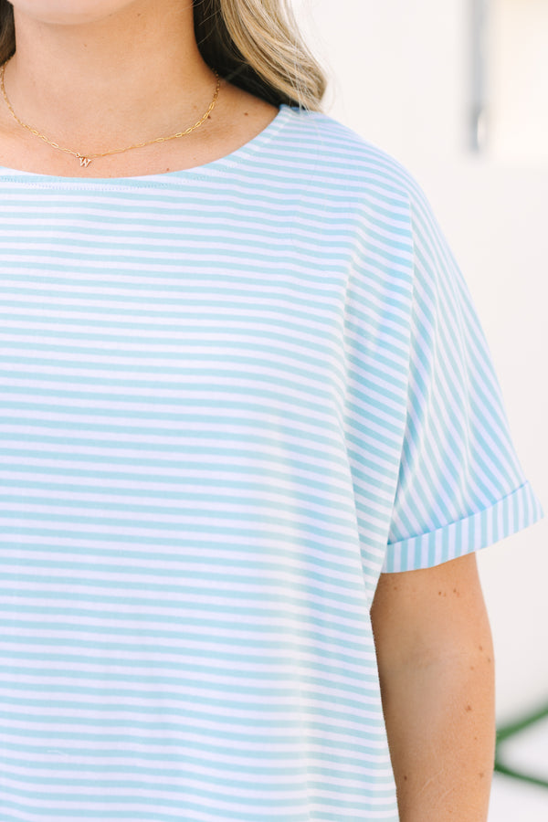 Chic Soul plus size clothing, light blue and white pin stripe short sleeve top