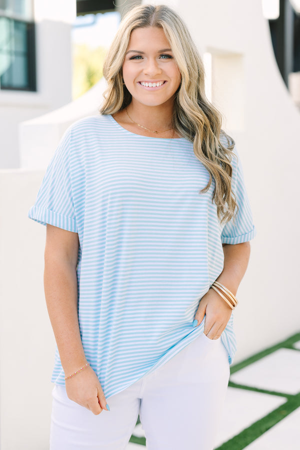 Chic Soul plus size clothing, light blue and white pin stripe short sleeve top