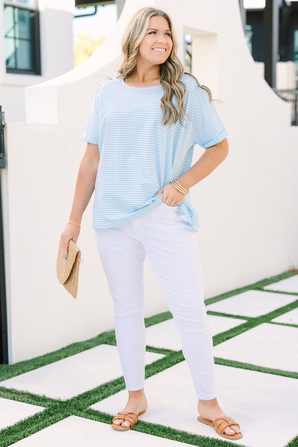 Chic Soul plus size clothing, light blue and white pin stripe short sleeve top