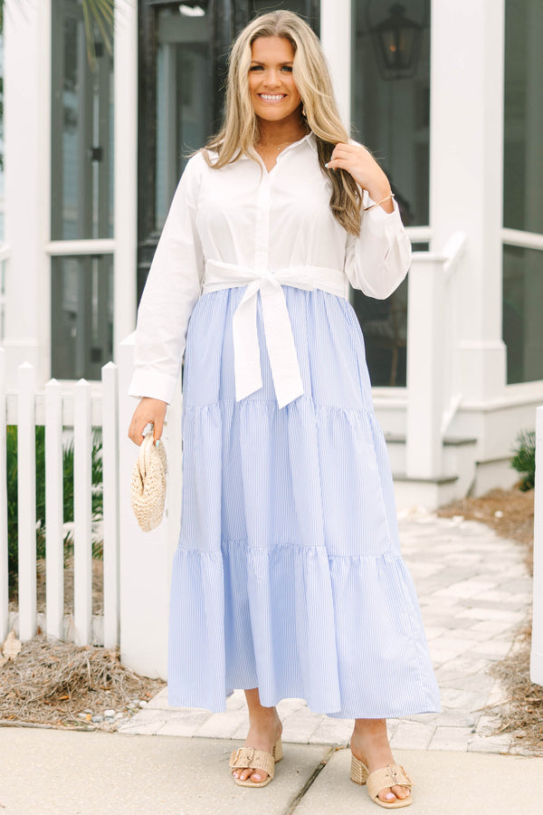 Chic Soul plus size clothing, cream long sleeve button down top and blue and white pin stripe skirt maxi dress with white waist bow tie and collar