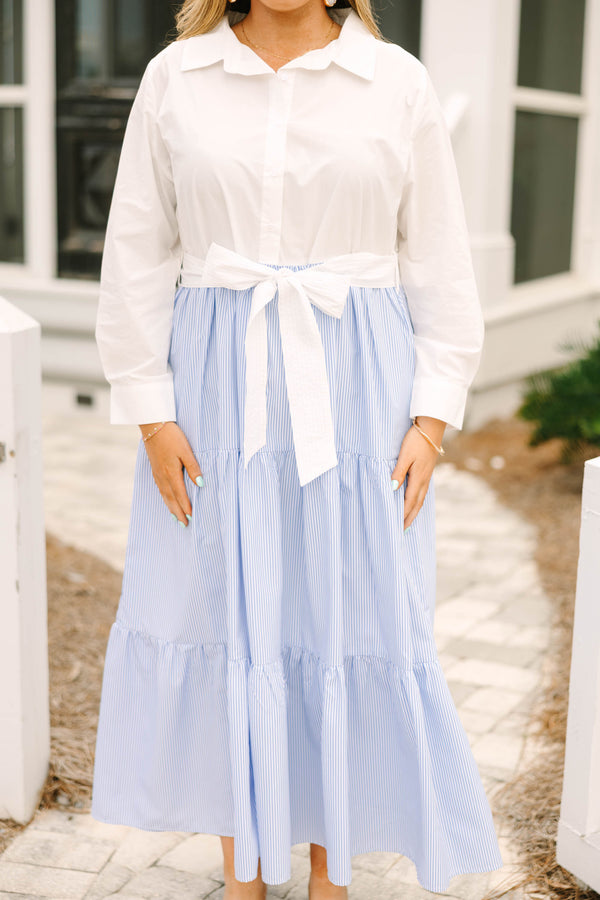 Chic Soul plus size clothing, cream long sleeve button down top and blue and white pin stripe skirt maxi dress with white waist bow tie and collar