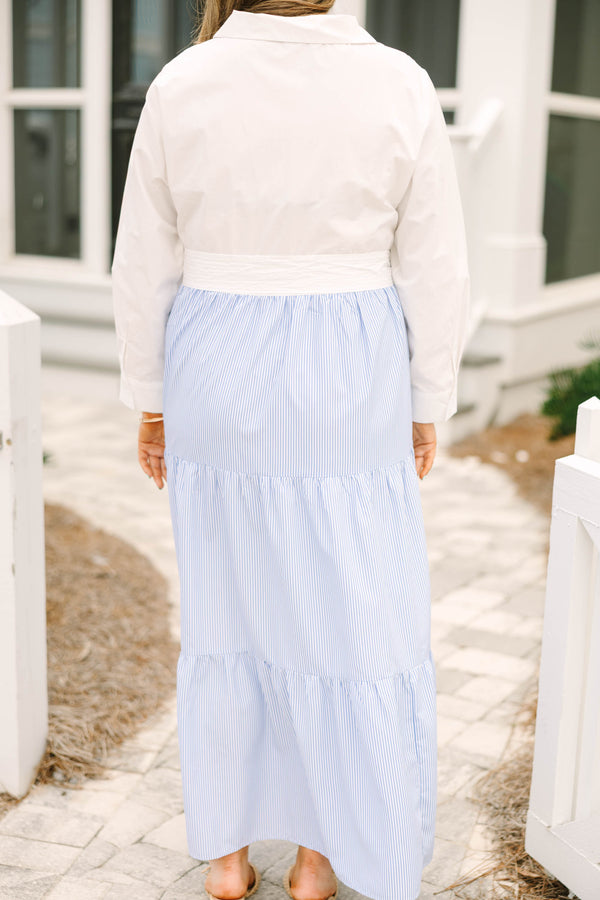 Chic Soul plus size clothing, cream long sleeve button down top and blue and white pin stripe skirt maxi dress with white waist bow tie and collar