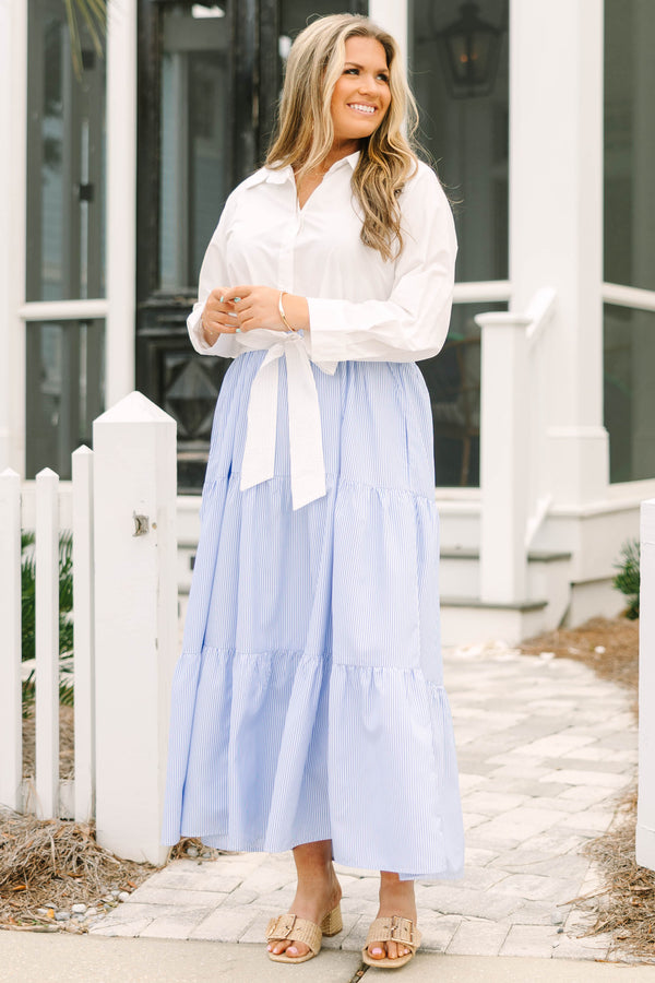 Chic Soul plus size clothing, cream long sleeve button down top and blue and white pin stripe skirt maxi dress with white waist bow tie and collar