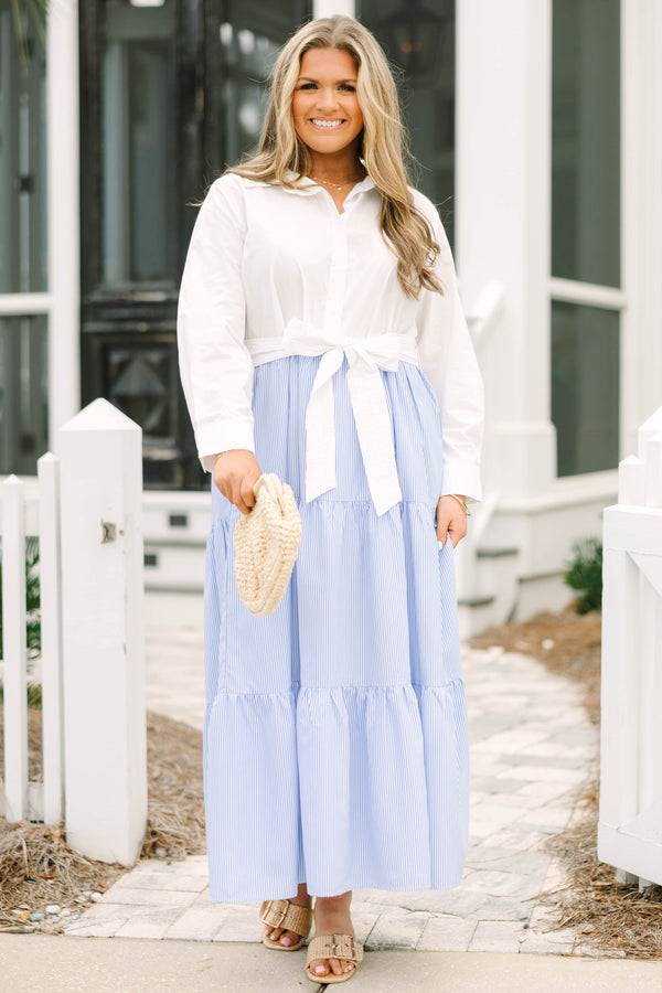 Chic Soul plus size clothing, cream long sleeve button down top and blue and white pin stripe skirt maxi dress with white waist bow tie and collar