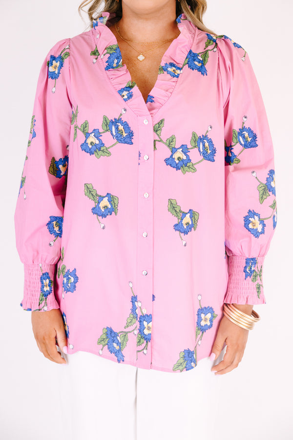 Chic Soul plus size clothing, pink long sleeve button up top with cinching at the sleeves and ruffle collar with blue flowers on it