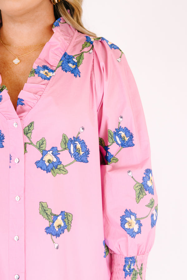 Chic Soul plus size clothing, pink long sleeve button up top with cinching at the sleeves and ruffle collar with blue flowers on it