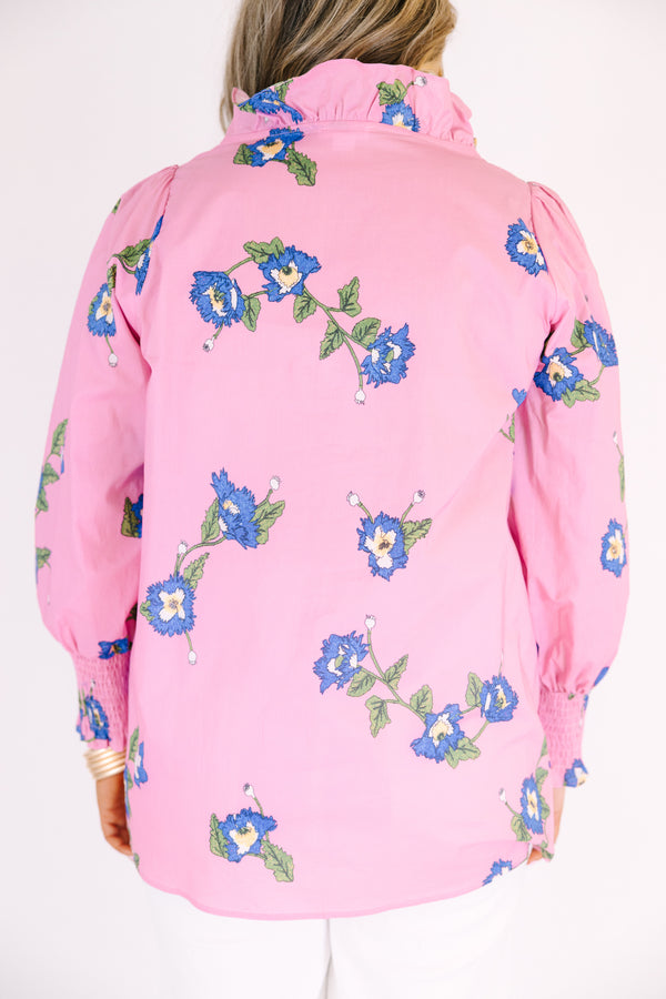 Chic Soul plus size clothing, pink long sleeve button up top with cinching at the sleeves and ruffle collar with blue flowers on it