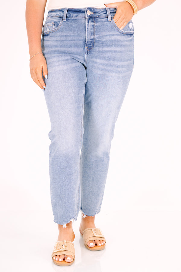 Chic Soul plus size clothing, ankle length light wash jeans with minimal distressing and raw hemline