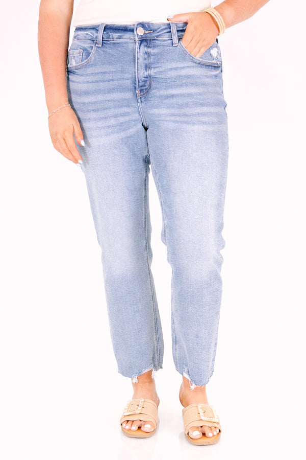Chic Soul plus size clothing, ankle length light wash jeans with minimal distressing and raw hemline
