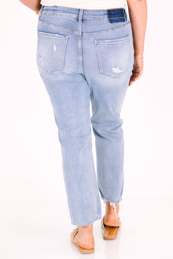 Chic Soul plus size clothing, ankle length light wash jeans with minimal distressing and raw hemline