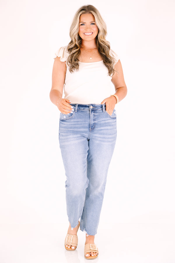 Chic Soul plus size clothing, ankle length light wash jeans with minimal distressing and raw hemline