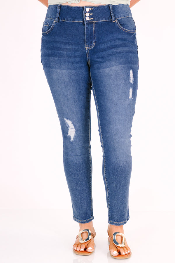 Chic Soul plus size clothing, medium wash skinny jeans with distressed details and a triple-button waist.