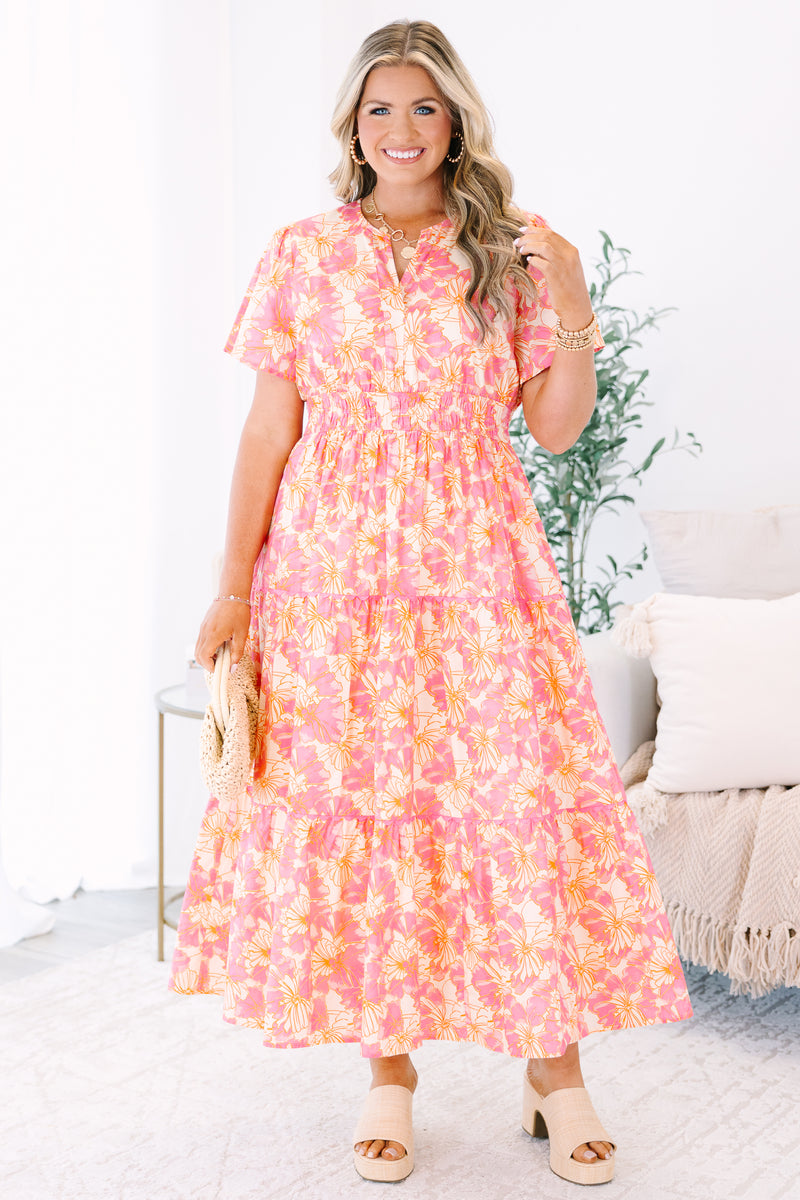 pink and orange floral midi dress Women's Time Will Tell Dress, Pink