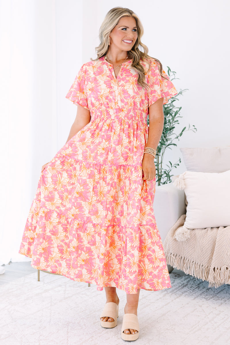 pink and orange floral midi dress Women's Time Will Tell Dress, Pink