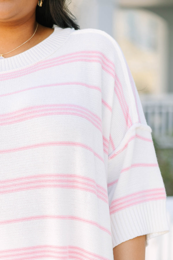 Chic Soul plus size clothing white sweater with half sleeves that have a ribbed cuff at the end of each sleeve as well as pink striped pattern throughout 
