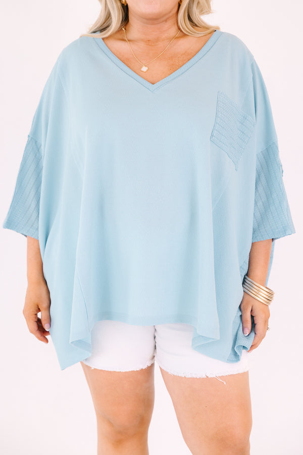 Chic Soul plus size clothing, baby blue 3/4 bat wing sleeve v neck flowy top