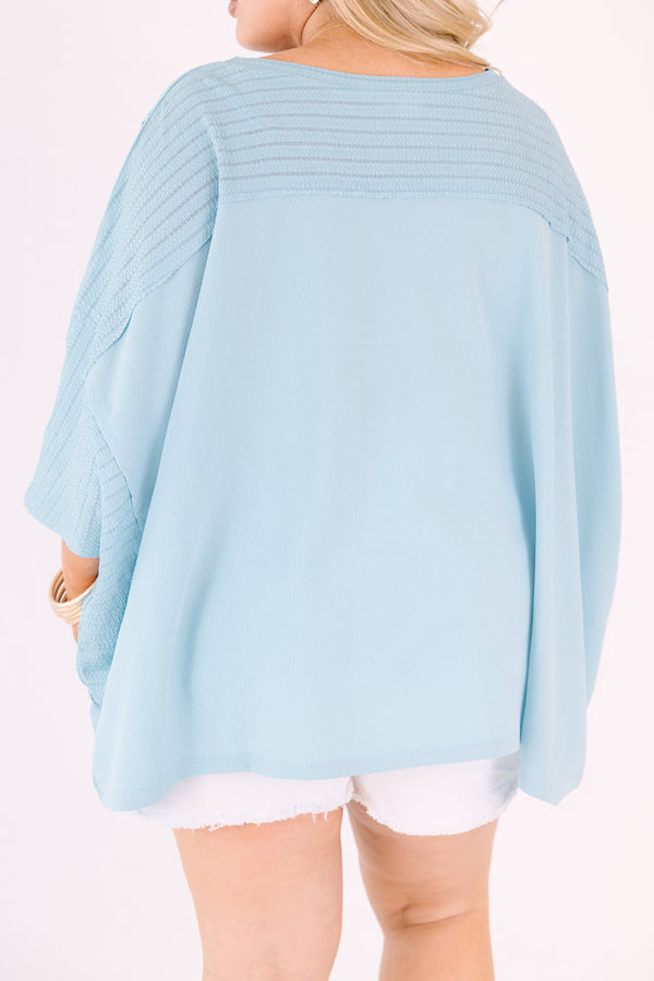 Chic Soul plus size clothing, baby blue 3/4 bat wing sleeve v neck flowy top