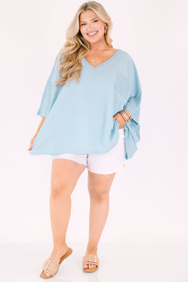 Chic Soul plus size clothing, baby blue 3/4 bat wing sleeve v neck flowy top
