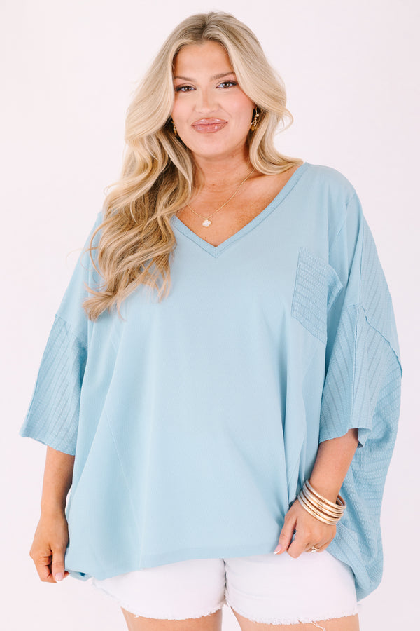 Chic Soul plus size clothing, baby blue 3/4 bat wing sleeve v neck flowy top