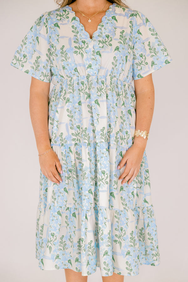 Chic Soul plus size clothing, tiered midid length dress with scallop neckline and pretty blue floral pattern