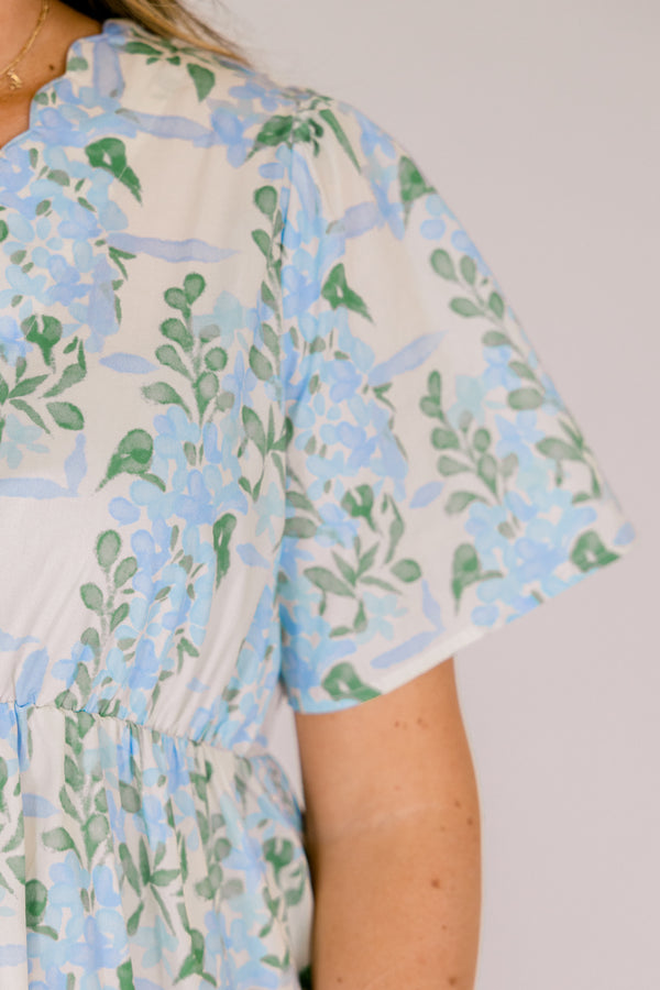 Chic Soul plus size clothing, tiered midid length dress with scallop neckline and pretty blue floral pattern