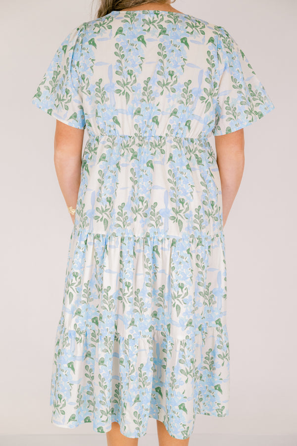 Chic Soul plus size clothing, tiered midid length dress with scallop neckline and pretty blue floral pattern