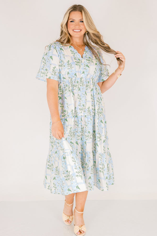 Chic Soul plus size clothing, tiered midid length dress with scallop neckline and pretty blue floral pattern