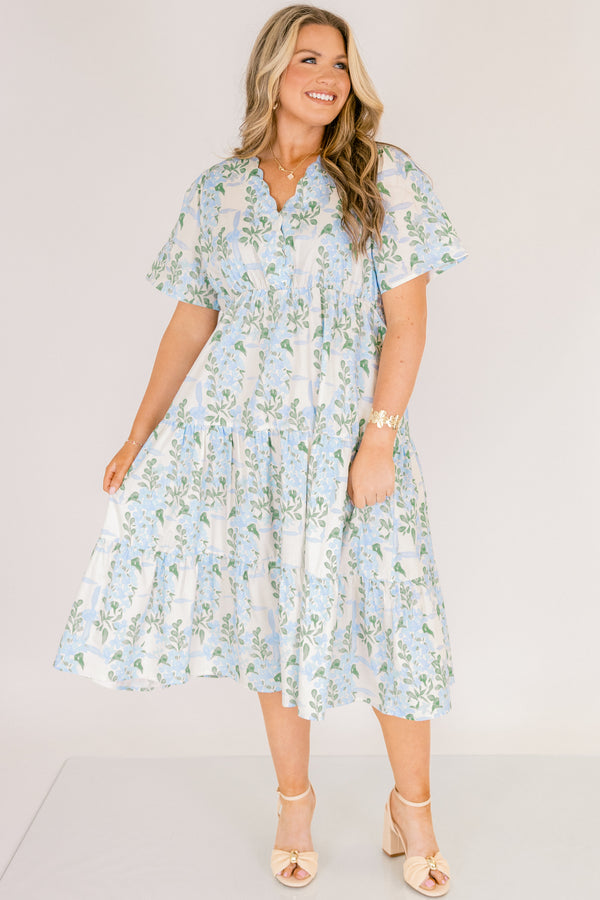 Chic Soul plus size clothing, tiered midid length dress with scallop neckline and pretty blue floral pattern