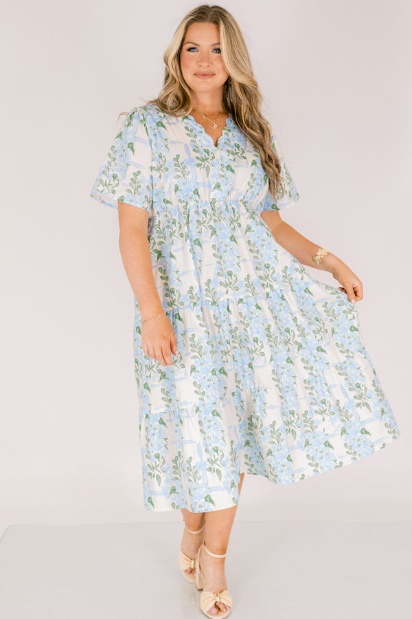 Chic Soul plus size clothing, tiered midid length dress with scallop neckline and pretty blue floral pattern