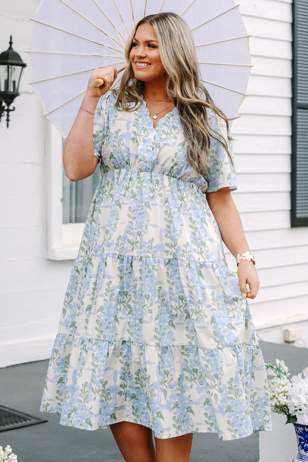 Chic Soul plus size clothing, tiered midid length dress with scallop neckline and pretty blue floral pattern