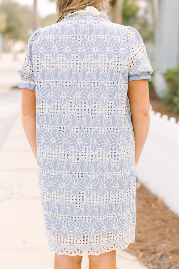 Chic Soul plus size clothing, light blue short sleeve short dress with white and blue floral eyelet pattern and ruffle popped collar