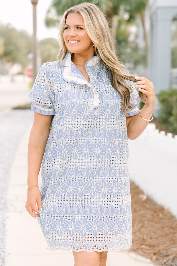 Chic Soul plus size clothing, light blue short sleeve short dress with white and blue floral eyelet pattern and ruffle popped collar